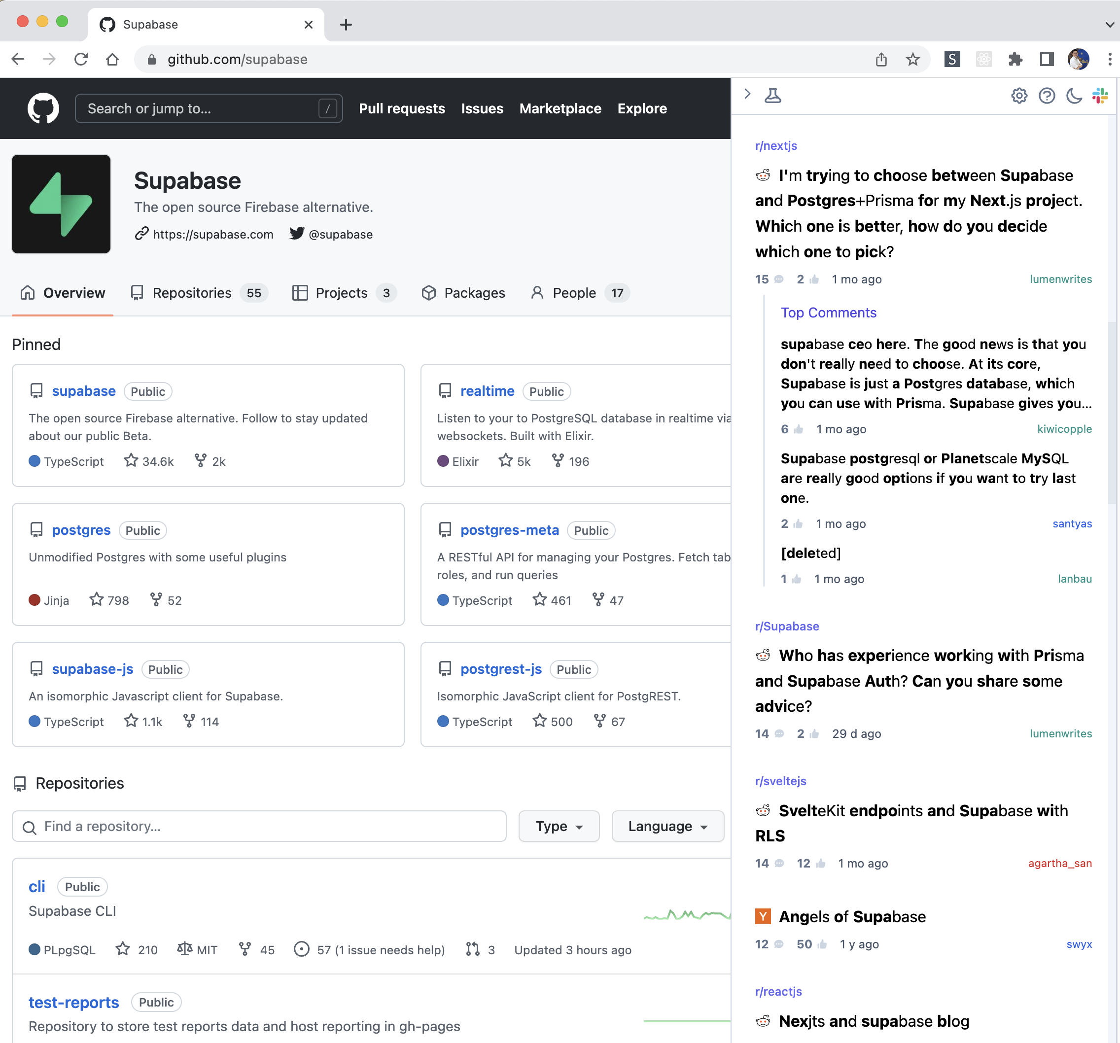 View Reddit discussion between Supabase CEO and Supabase user while on Supabase GitHub page